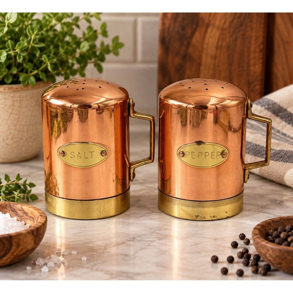 Metalutil Copper Brass Salt Pepper Shakers Portugal 1970s MCM Kitchen Vintage